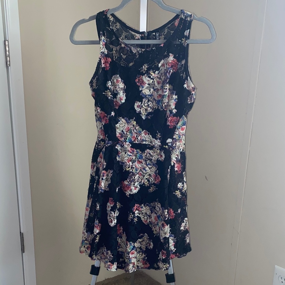 Black Floral Lace-Trim Midi Dress
